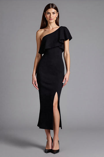 Black Satin One Shoulder Ruffled Long Formal Dress with Slit
